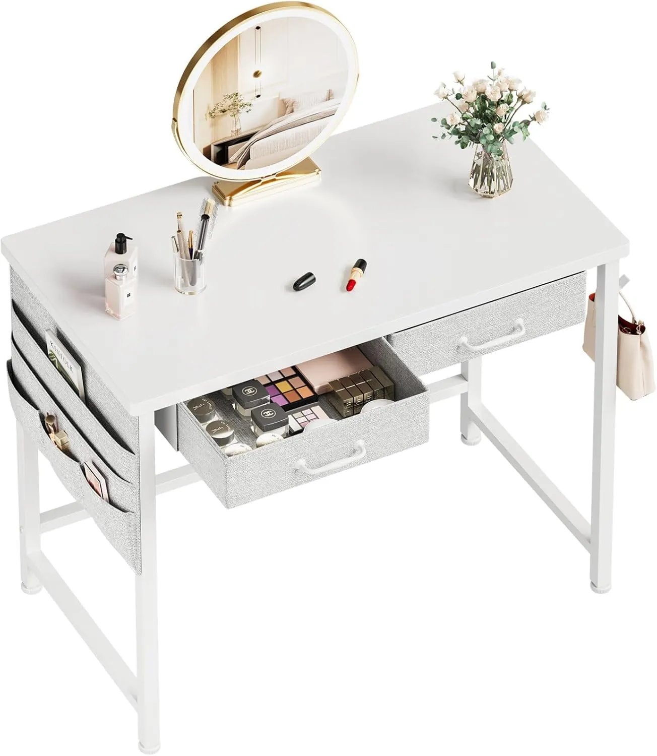 Ｍａｉｈａｉｌ Maihail Small Desk with Drawers, 31.5 inch Computer Desk with Drawers, Writing Table for Small Spaces, Office Table with Metal Frame, White
