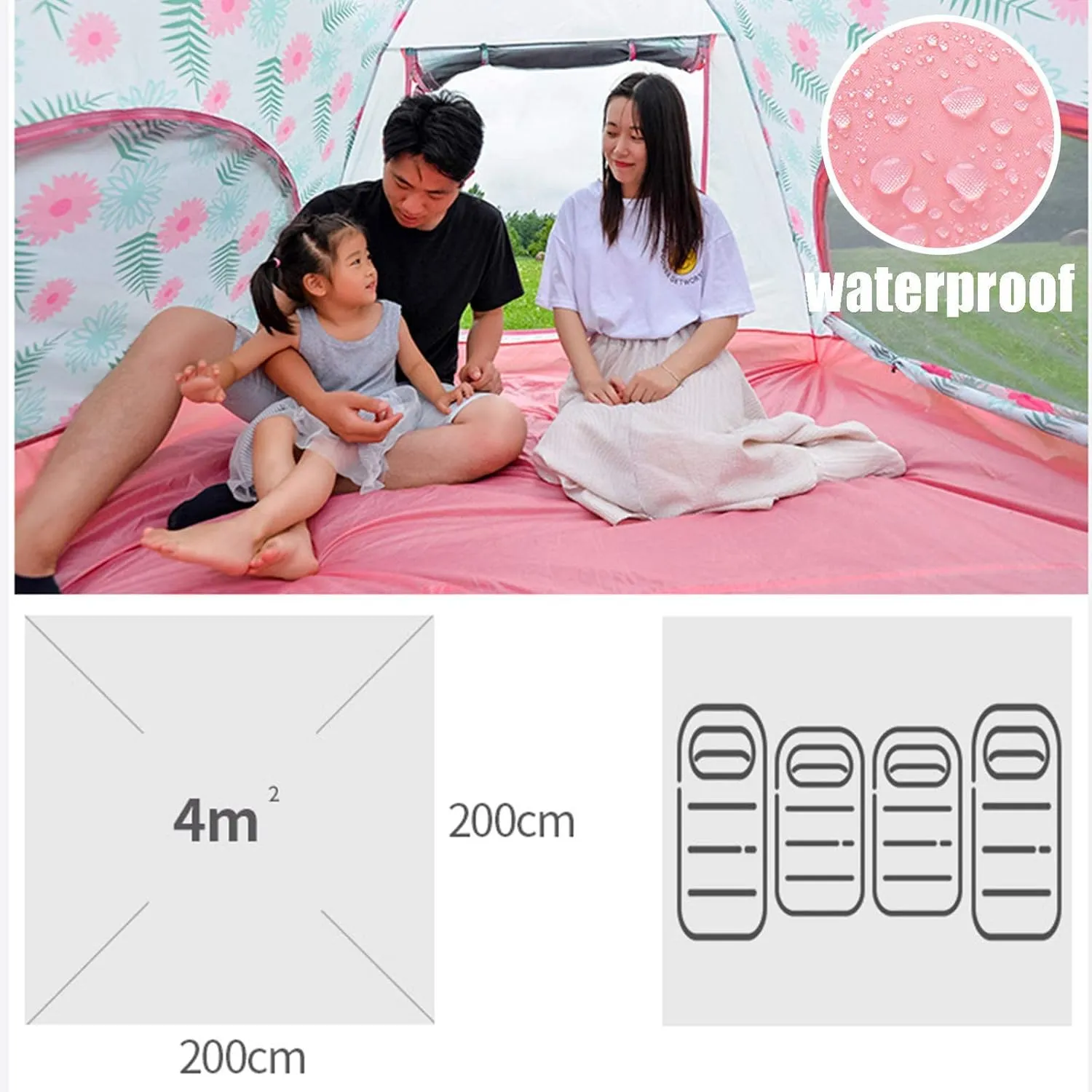 1-6 Person Dome Tent, Outdoor Pop Up Tent, Protection, Flower Pattern Tent, for Backpacking Cycling Hiking Camping