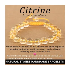 10mm Citrine Bracelet - Stone of Joy and abundance - Handmade Natural Stone Crystal Bracelet with Adjustable Macrame String - Yoga Healing Power Energy Gifts for Men and Women