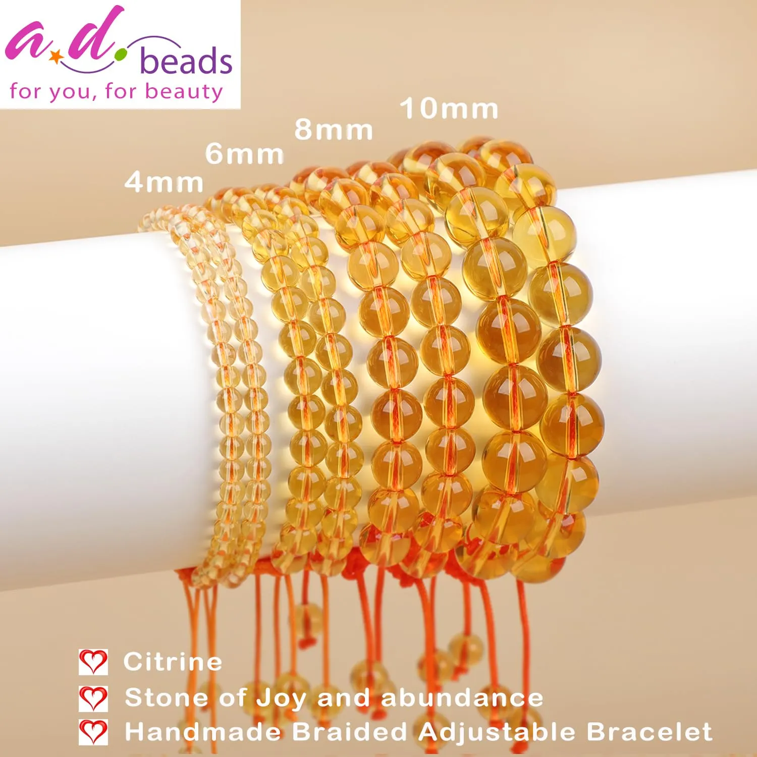 10mm Citrine Bracelet - Stone of Joy and abundance - Handmade Natural Stone Crystal Bracelet with Adjustable Macrame String - Yoga Healing Power Energy Gifts for Men and Women