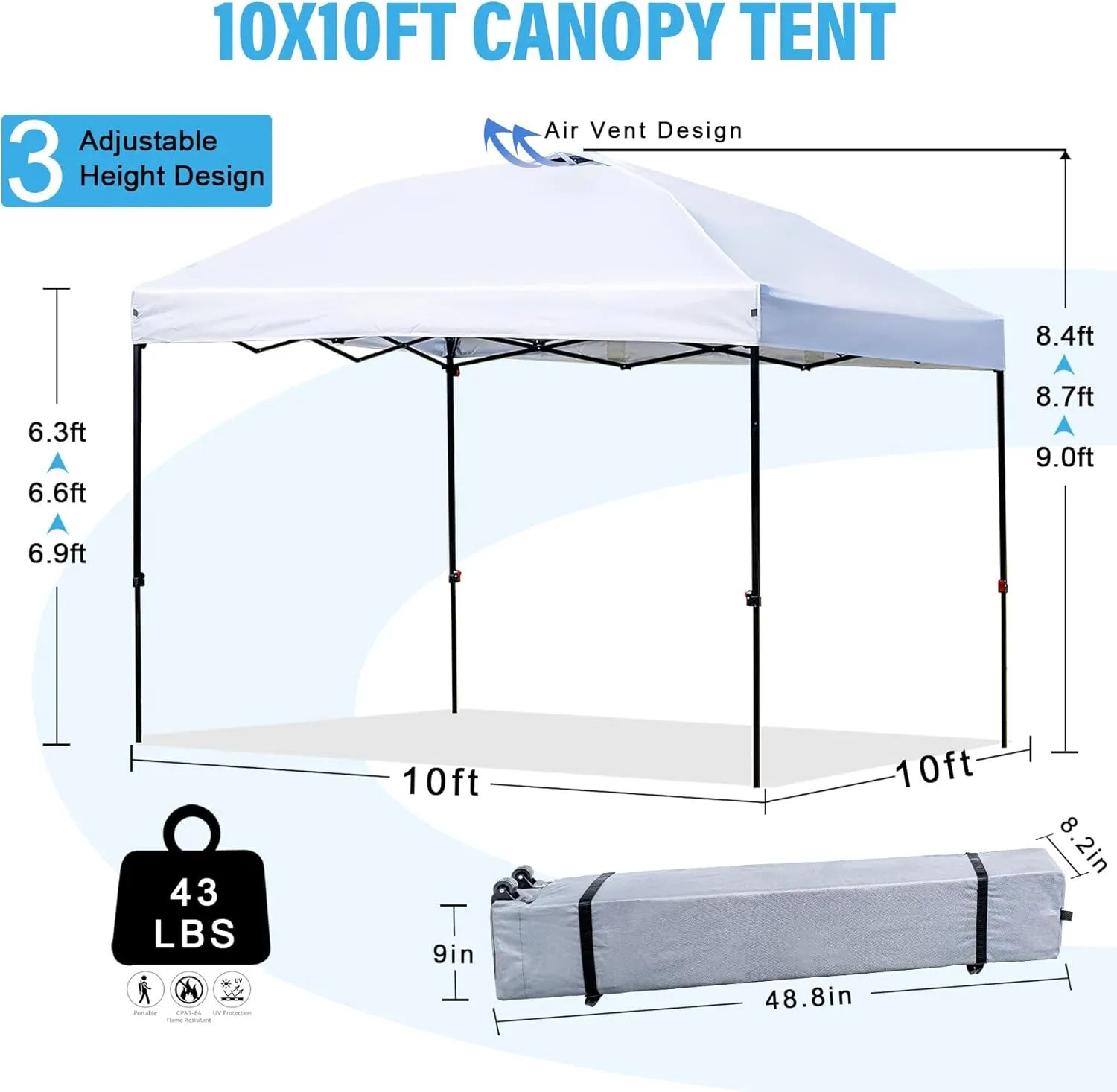10x10 Pop Up Canopy Tent Outdoor, Portable Instant Heavy Duty Commercial Canopies Shelter w/Wheeled Bag, 8 Stakes, UPF50  300D Silver Coated for Patio Party, White