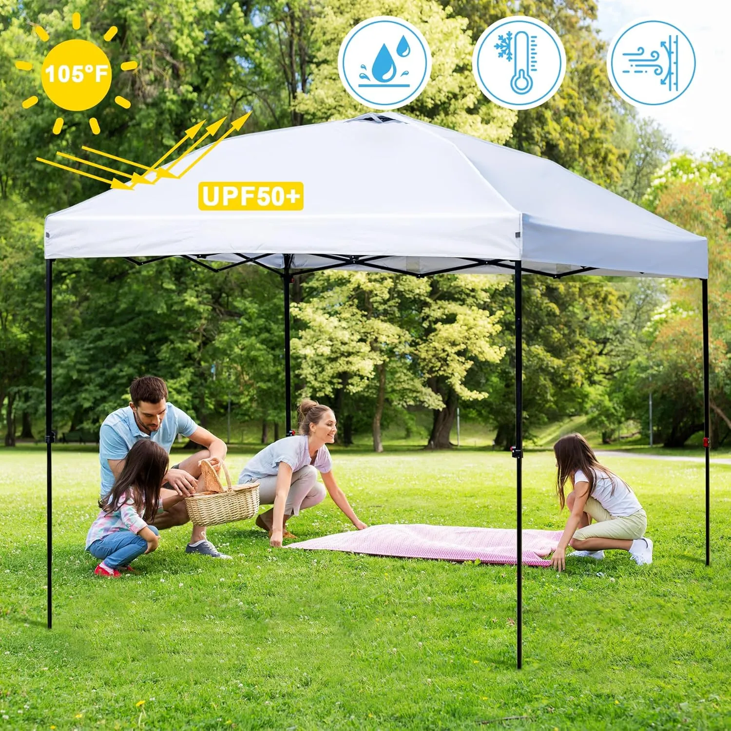 10x10 Pop Up Canopy Tent Outdoor, Portable Instant Heavy Duty Commercial Canopies Shelter w/Wheeled Bag, 8 Stakes, UPF50  300D Silver Coated for Patio Party, White