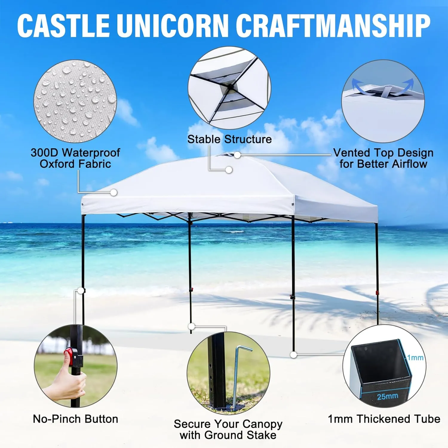10x10 Pop Up Canopy Tent Outdoor, Portable Instant Heavy Duty Commercial Canopies Shelter w/Wheeled Bag, 8 Stakes, UPF50  300D Silver Coated for Patio Party, White