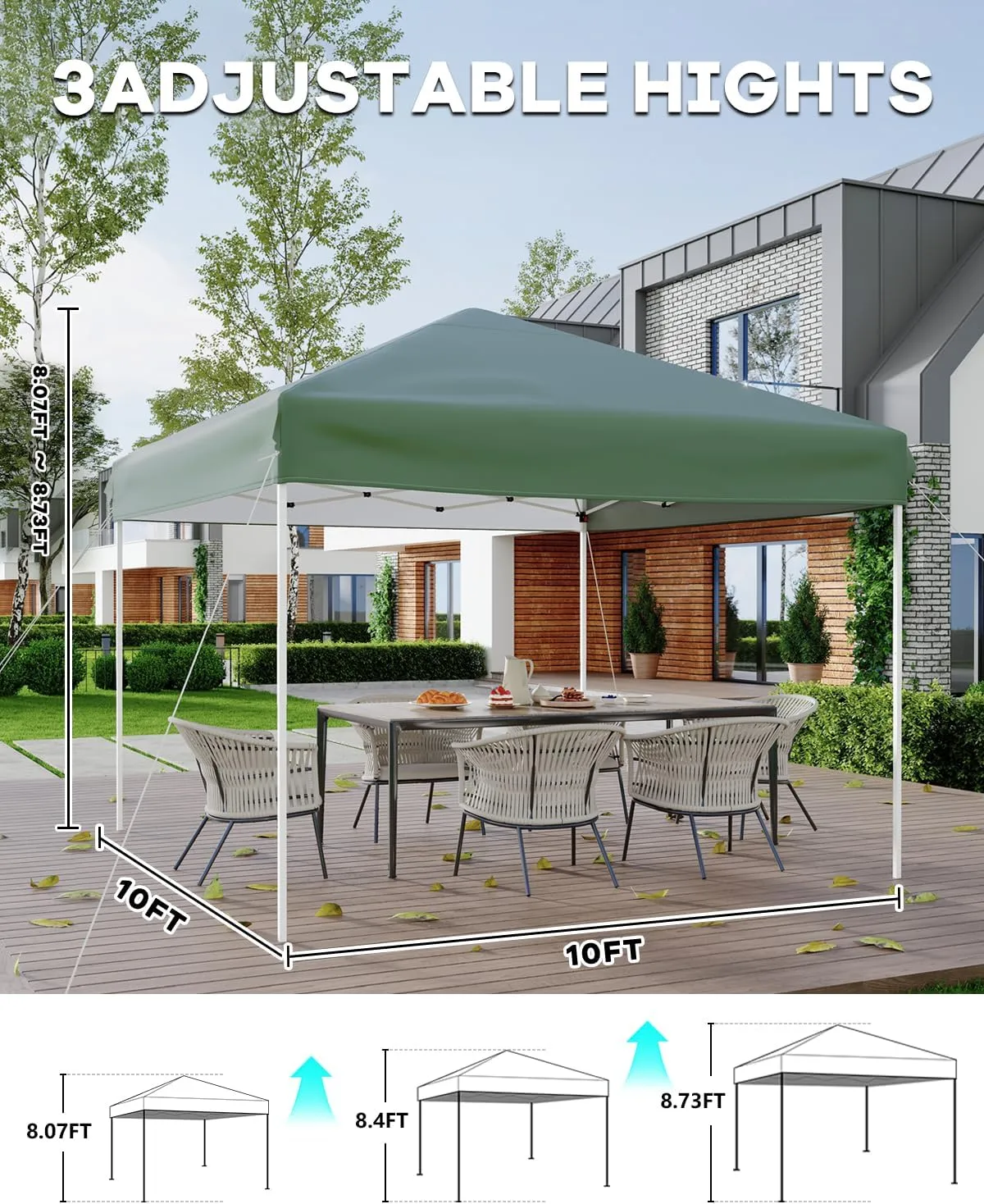 10x10 Pop Up Canopy with 3 Sidewalls - Easy Up Camping Tent with One Button Push Setup - 1 Roller Bag, 3 Adjustable Height, 4 Weight Bags for Deck, Garden, Sports, Beach, Party - Green