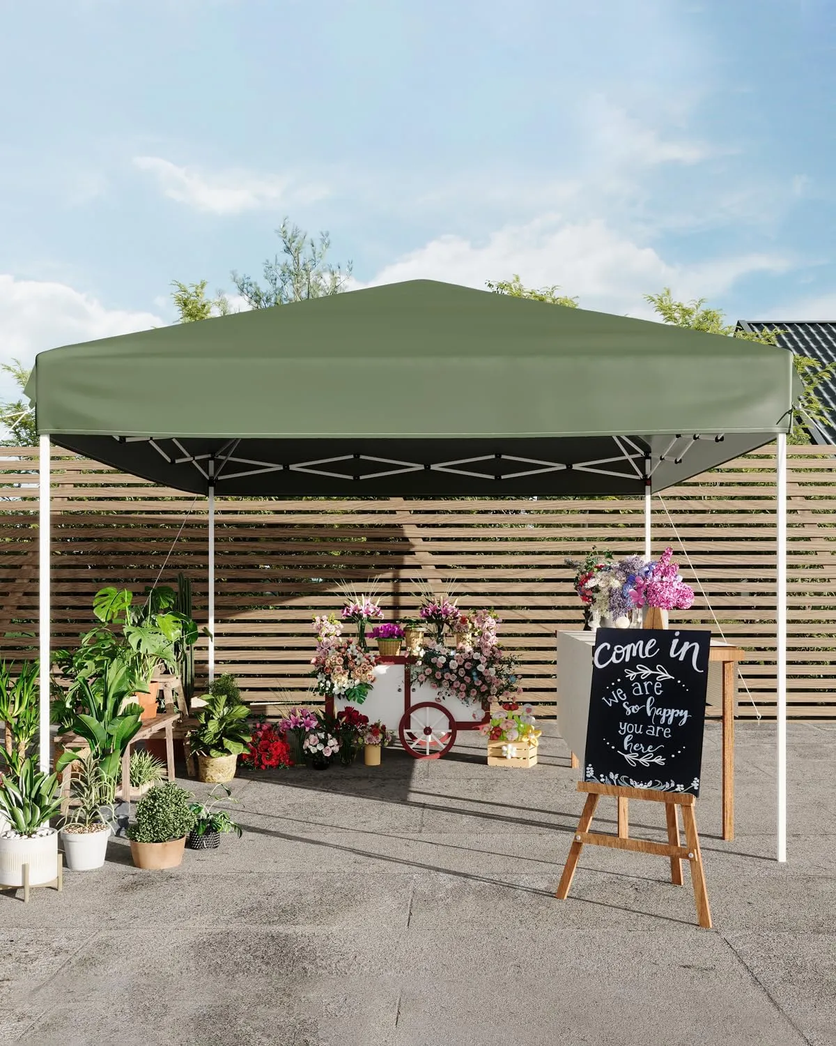 10x10 Pop Up Canopy with 3 Sidewalls - Easy Up Camping Tent with One Button Push Setup - 1 Roller Bag, 3 Adjustable Height, 4 Weight Bags for Deck, Garden, Sports, Beach, Party - Green