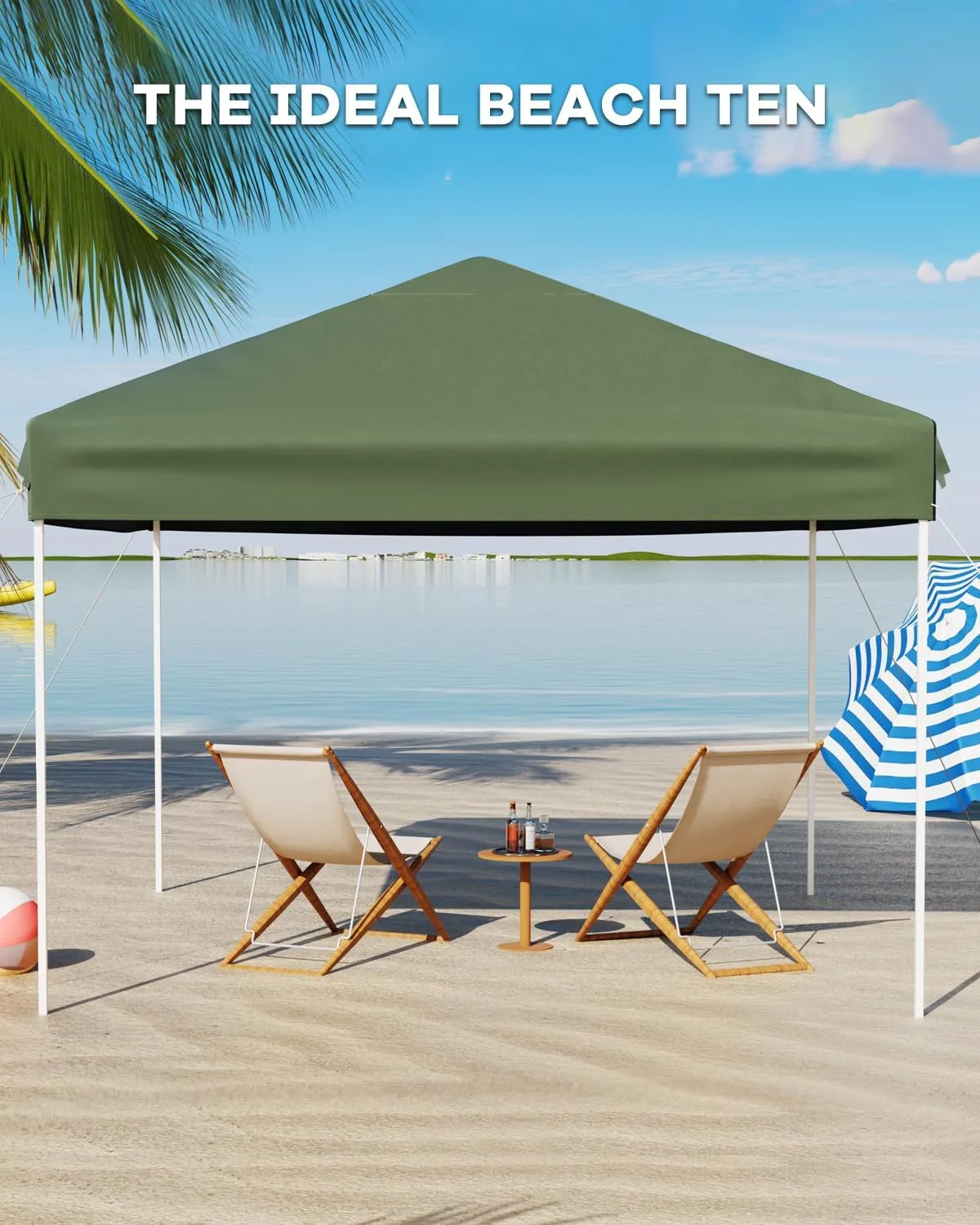 10x10 Pop Up Canopy with 3 Sidewalls - Easy Up Camping Tent with One Button Push Setup - 1 Roller Bag, 3 Adjustable Height, 4 Weight Bags for Deck, Garden, Sports, Beach, Party - Green