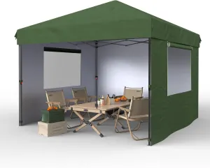 10x10 Pop Up Canopy with 3 Sidewalls - Easy Up Camping Tent with One Button Push Setup - 1 Roller Bag, 3 Adjustable Height, 4 Weight Bags for Deck, Garden, Sports, Beach, Party - Green