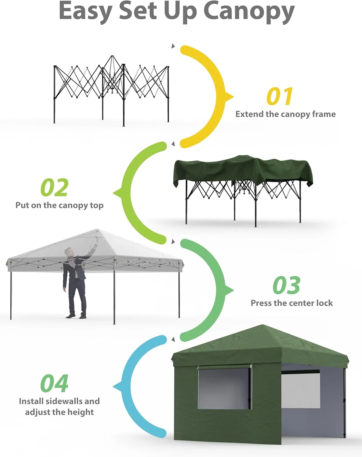 10x10 Pop Up Canopy with 3 Sidewalls - Easy Up Camping Tent with One Button Push Setup - 1 Roller Bag, 3 Adjustable Height, 4 Weight Bags for Deck, Garden, Sports, Beach, Party - Green