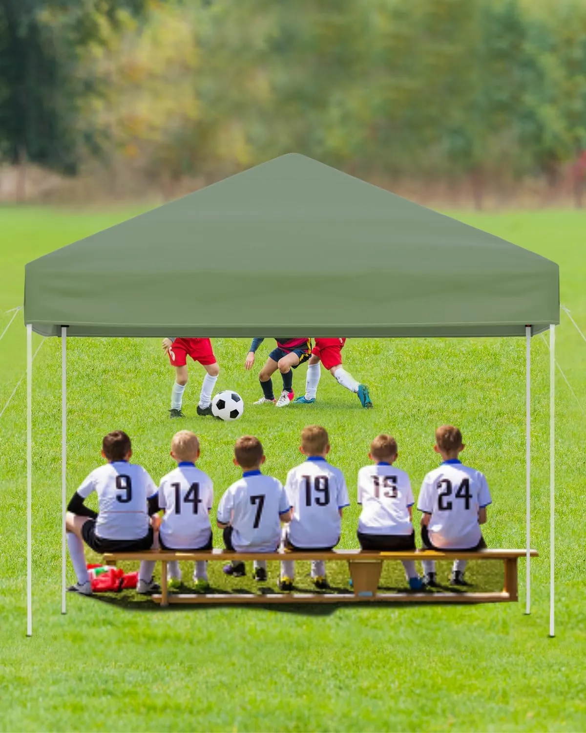 10x10 Pop Up Canopy with 3 Sidewalls - Easy Up Camping Tent with One Button Push Setup - 1 Roller Bag, 3 Adjustable Height, 4 Weight Bags for Deck, Garden, Sports, Beach, Party - Green