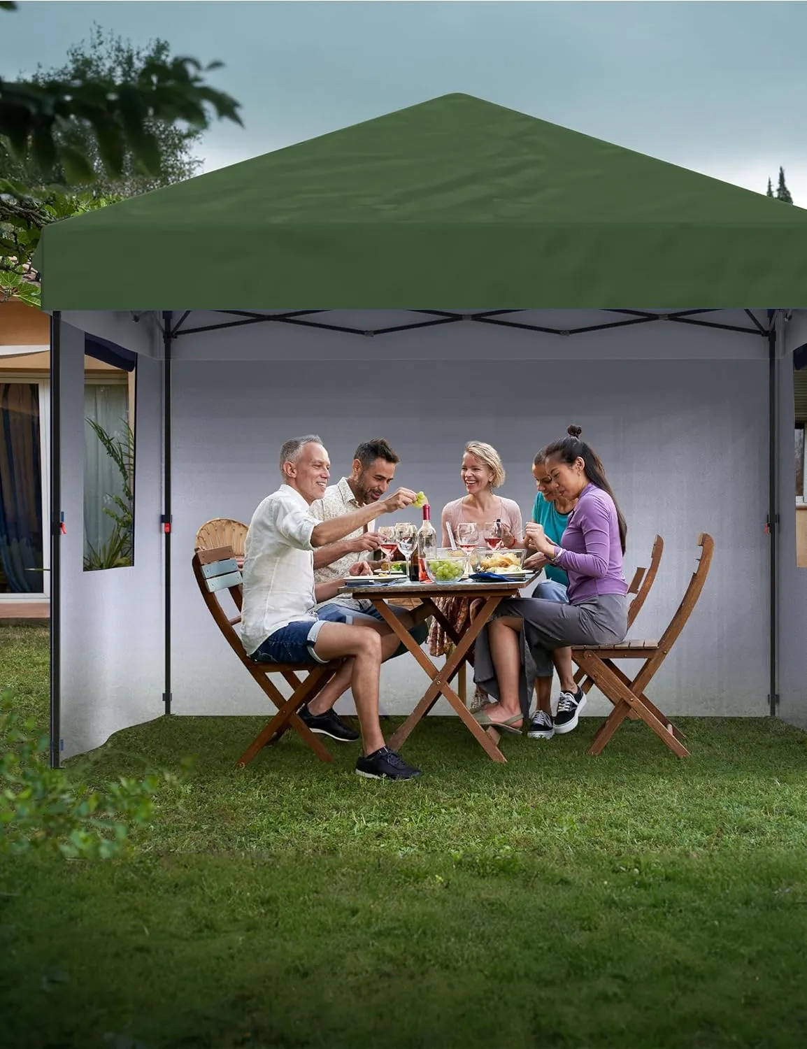10x10 Pop Up Canopy with 3 Sidewalls - Easy Up Camping Tent with One Button Push Setup - 1 Roller Bag, 3 Adjustable Height, 4 Weight Bags for Deck, Garden, Sports, Beach, Party - Green