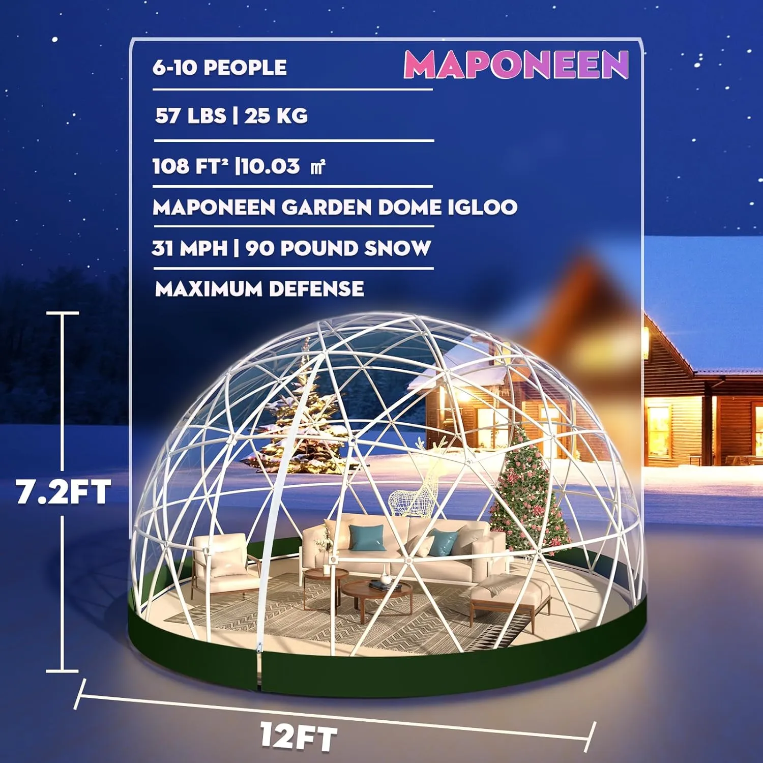 12FT Garden Dome lgloo, Geodesic Dome Greenhouse with PVC Clear Cover, Waterproof Garden Bubble Dome Tent House with 2 x 10M Light Strings for Outdoor, Patio, Backyard, Party (Green Edge, 12FT/3.6M)