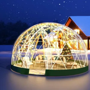 12FT Garden Dome lgloo, Geodesic Dome Greenhouse with PVC Clear Cover, Waterproof Garden Bubble Dome Tent House with 2 x 10M Light Strings for Outdoor, Patio, Backyard, Party (Green Edge, 12FT/3.6M)