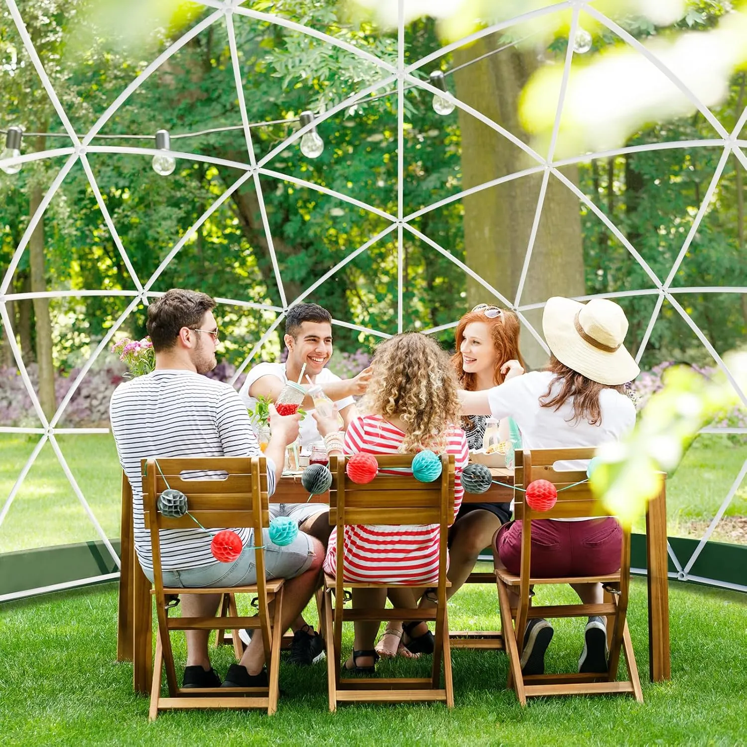 12FT Garden Dome lgloo, Geodesic Dome Greenhouse with PVC Clear Cover, Waterproof Garden Bubble Dome Tent House with 2 x 10M Light Strings for Outdoor, Patio, Backyard, Party (Green Edge, 12FT/3.6M)