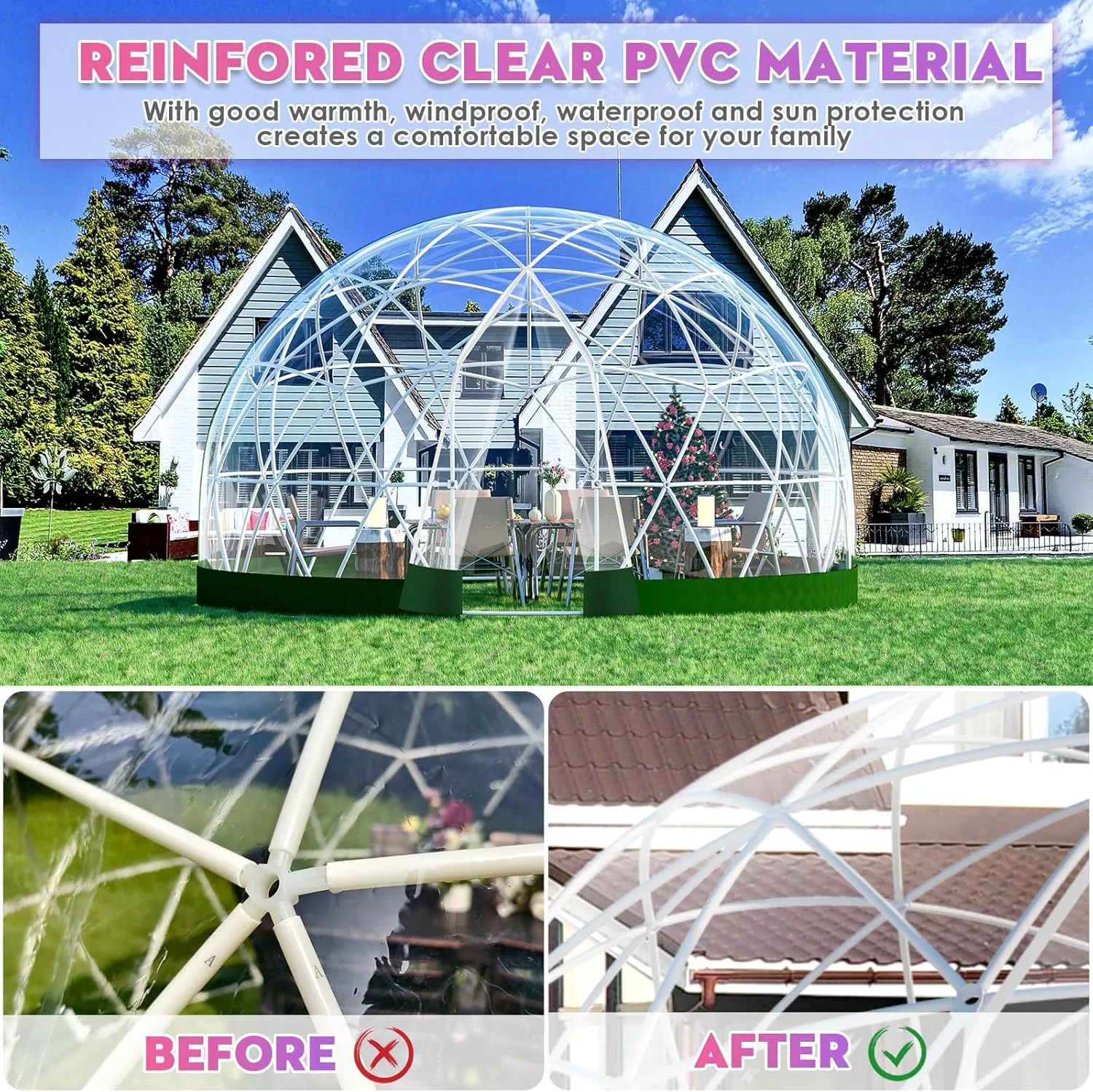 12FT Garden Dome lgloo, Geodesic Dome Greenhouse with PVC Clear Cover, Waterproof Garden Bubble Dome Tent House with 2 x 10M Light Strings for Outdoor, Patio, Backyard, Party (Green Edge, 12FT/3.6M)