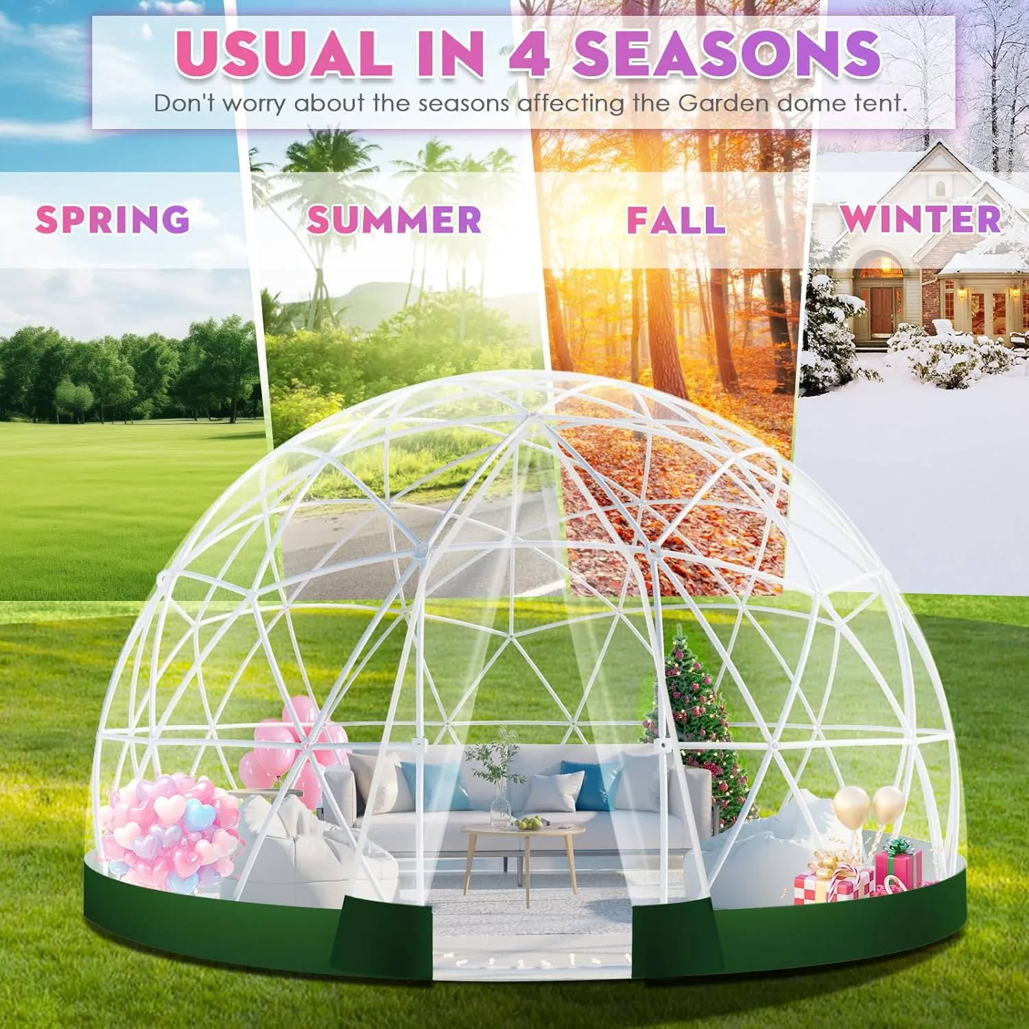12FT Garden Dome lgloo, Geodesic Dome Greenhouse with PVC Clear Cover, Waterproof Garden Bubble Dome Tent House with 2 x 10M Light Strings for Outdoor, Patio, Backyard, Party (Green Edge, 12FT/3.6M)