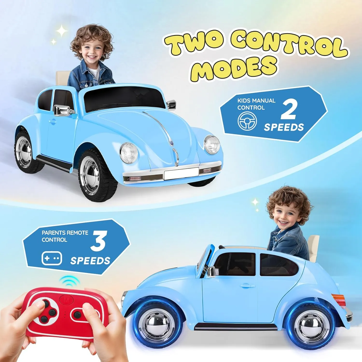 12V Kids Electric Car, Licensed Volkswagen Beetle Power Wheels with Remote Control, Ride on Car Toys with LED Light, 3 Speeds, Music, Blue