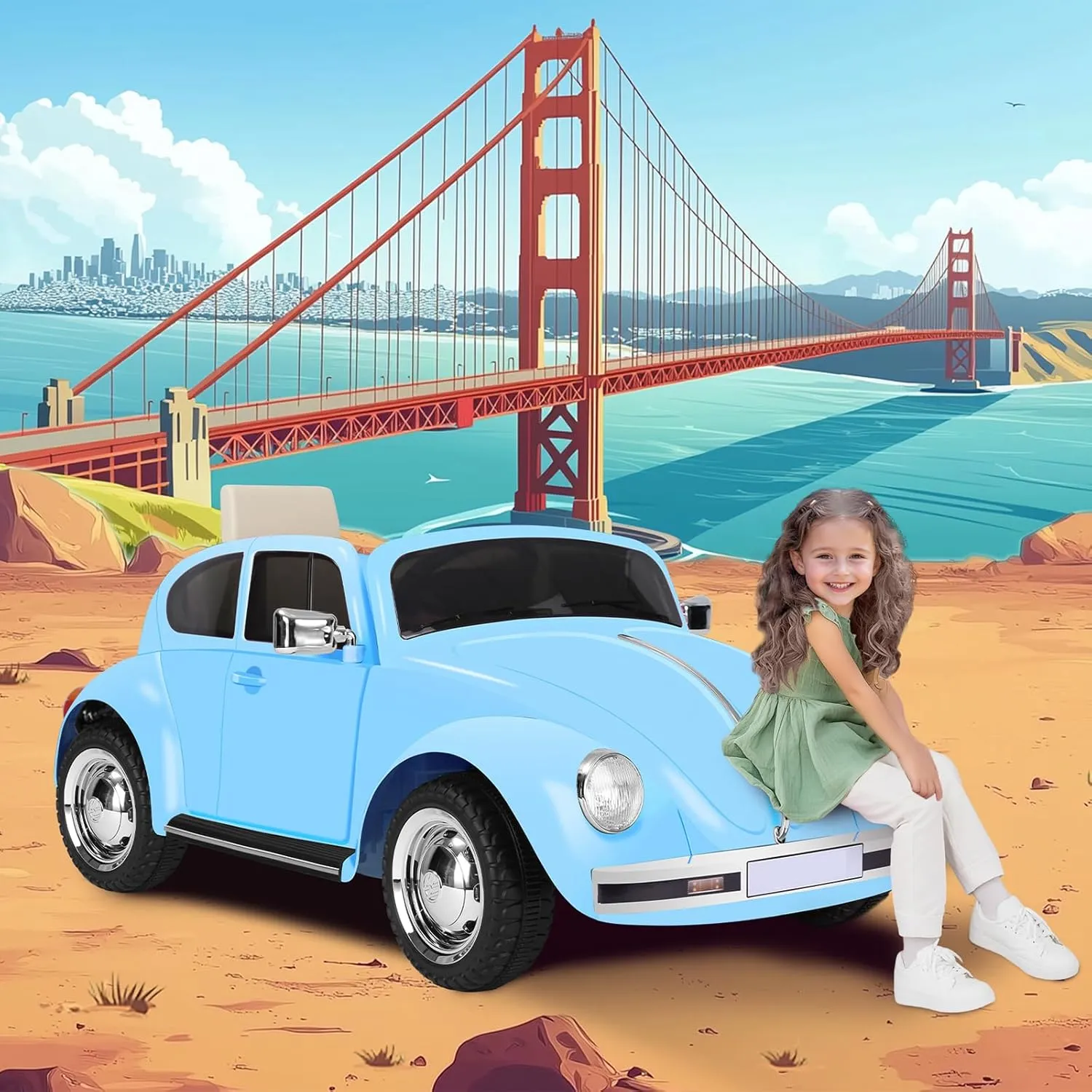 12V Kids Electric Car, Licensed Volkswagen Beetle Power Wheels with Remote Control, Ride on Car Toys with LED Light, 3 Speeds, Music, Blue