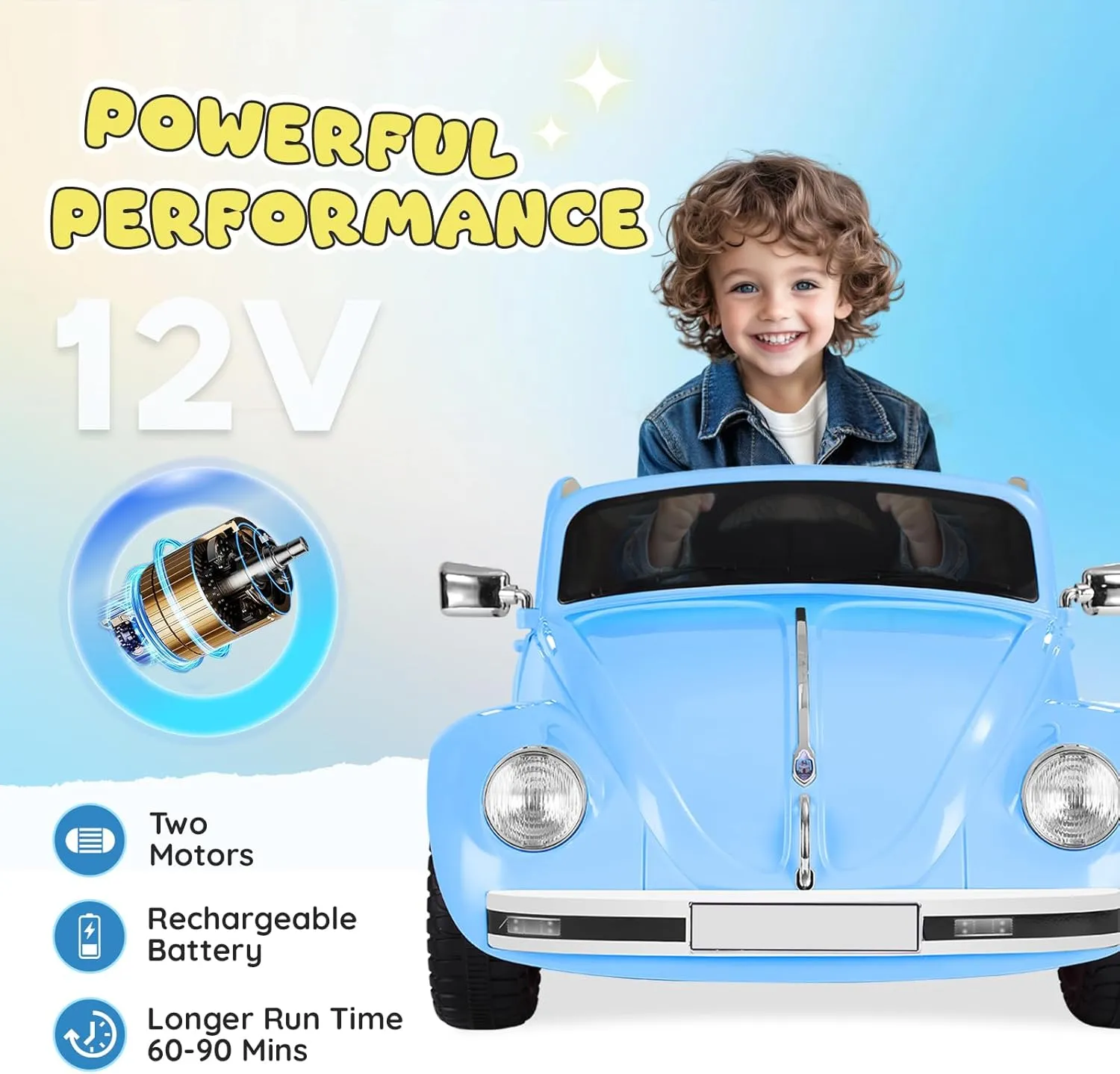 12V Kids Electric Car, Licensed Volkswagen Beetle Power Wheels with Remote Control, Ride on Car Toys with LED Light, 3 Speeds, Music, Blue