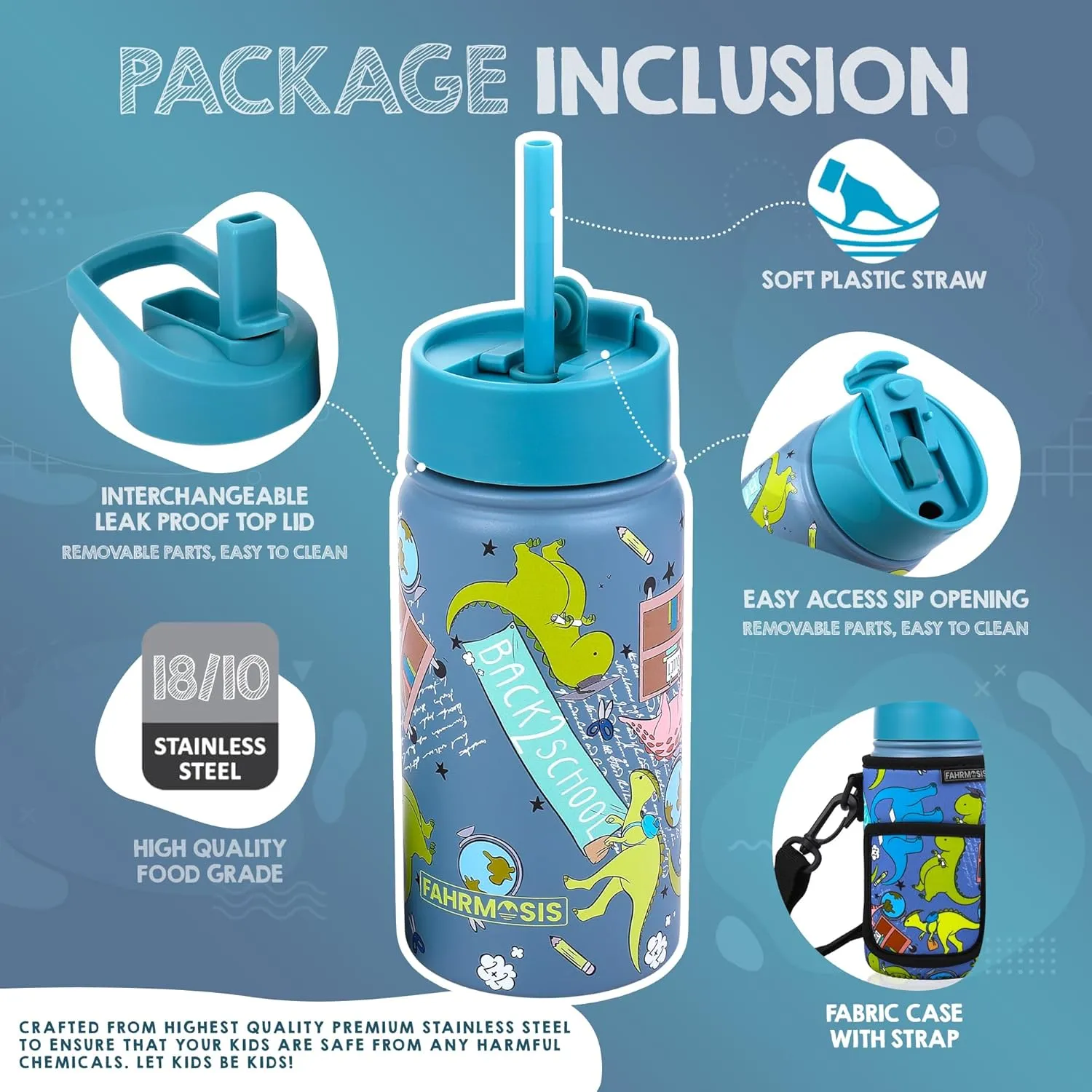 14 OZ Kids Water Bottle with Carrier Bag & Strap Leak Proof Metal Insulated Stainless Steel Tumbler with 2 Lids (Flip & Spout) for School & Sports Water Bottle with Straw - Green (Dino)