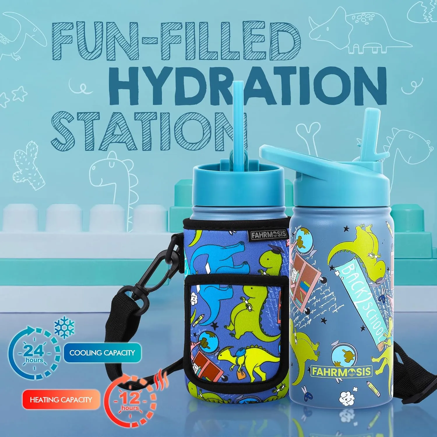 14 OZ Kids Water Bottle with Carrier Bag & Strap Leak Proof Metal Insulated Stainless Steel Tumbler with 2 Lids (Flip & Spout) for School & Sports Water Bottle with Straw - Green (Dino)