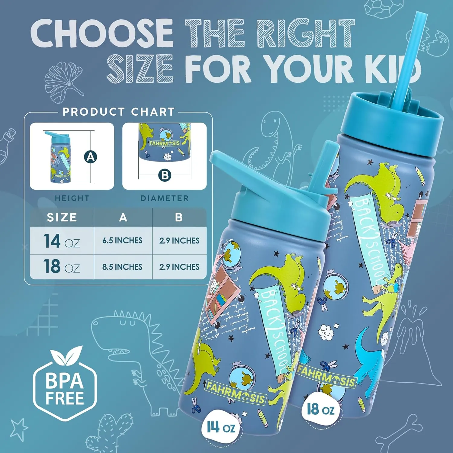 14 OZ Kids Water Bottle with Carrier Bag & Strap Leak Proof Metal Insulated Stainless Steel Tumbler with 2 Lids (Flip & Spout) for School & Sports Water Bottle with Straw - Green (Dino)