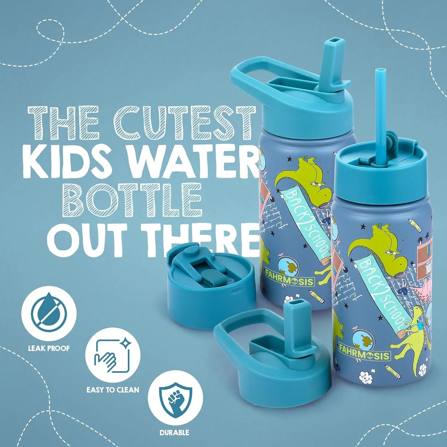 14 OZ Kids Water Bottle with Carrier Bag & Strap Leak Proof Metal Insulated Stainless Steel Tumbler with 2 Lids (Flip & Spout) for School & Sports Water Bottle with Straw - Green (Dino)