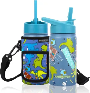 14 OZ Kids Water Bottle with Carrier Bag & Strap Leak Proof Metal Insulated Stainless Steel Tumbler with 2 Lids (Flip & Spout) for School & Sports Water Bottle with Straw - Green (Dino)