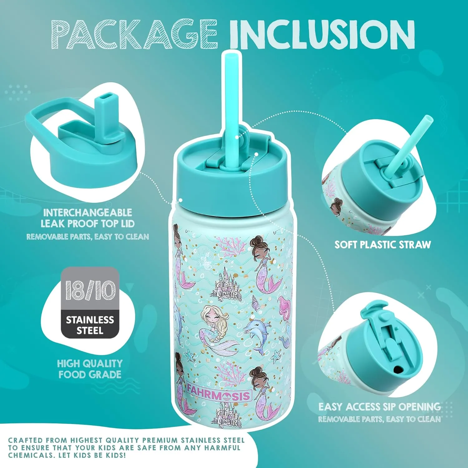 14 OZ Kids Water Bottle with Straw & 2 Lids (Flip & Spout) Leak Proof Metal Insulated Stainless Steel Reusable Tumbler for School & Sports Water Bottle - Teal (Mermaid)
