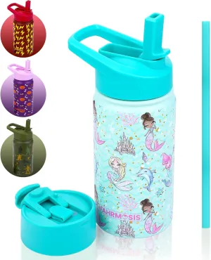 14 OZ Kids Water Bottle with Straw & 2 Lids (Flip & Spout) Leak Proof Metal Insulated Stainless Steel Reusable Tumbler for School & Sports Water Bottle - Teal (Mermaid)