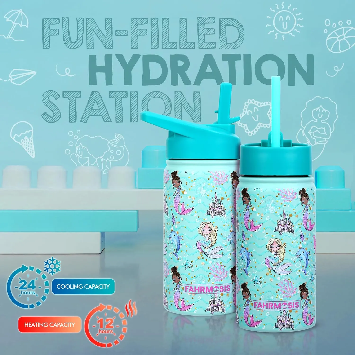 14 OZ Kids Water Bottle with Straw & 2 Lids (Flip & Spout) Leak Proof Metal Insulated Stainless Steel Reusable Tumbler for School & Sports Water Bottle - Teal (Mermaid)
