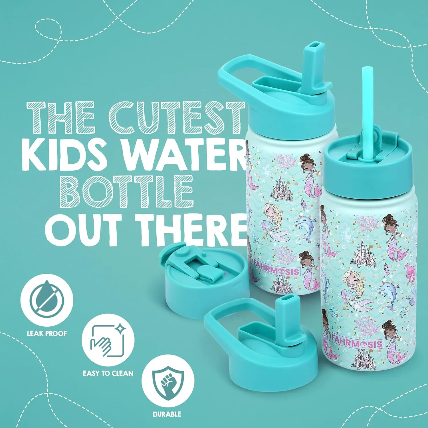 14 OZ Kids Water Bottle with Straw & 2 Lids (Flip & Spout) Leak Proof Metal Insulated Stainless Steel Reusable Tumbler for School & Sports Water Bottle - Teal (Mermaid)