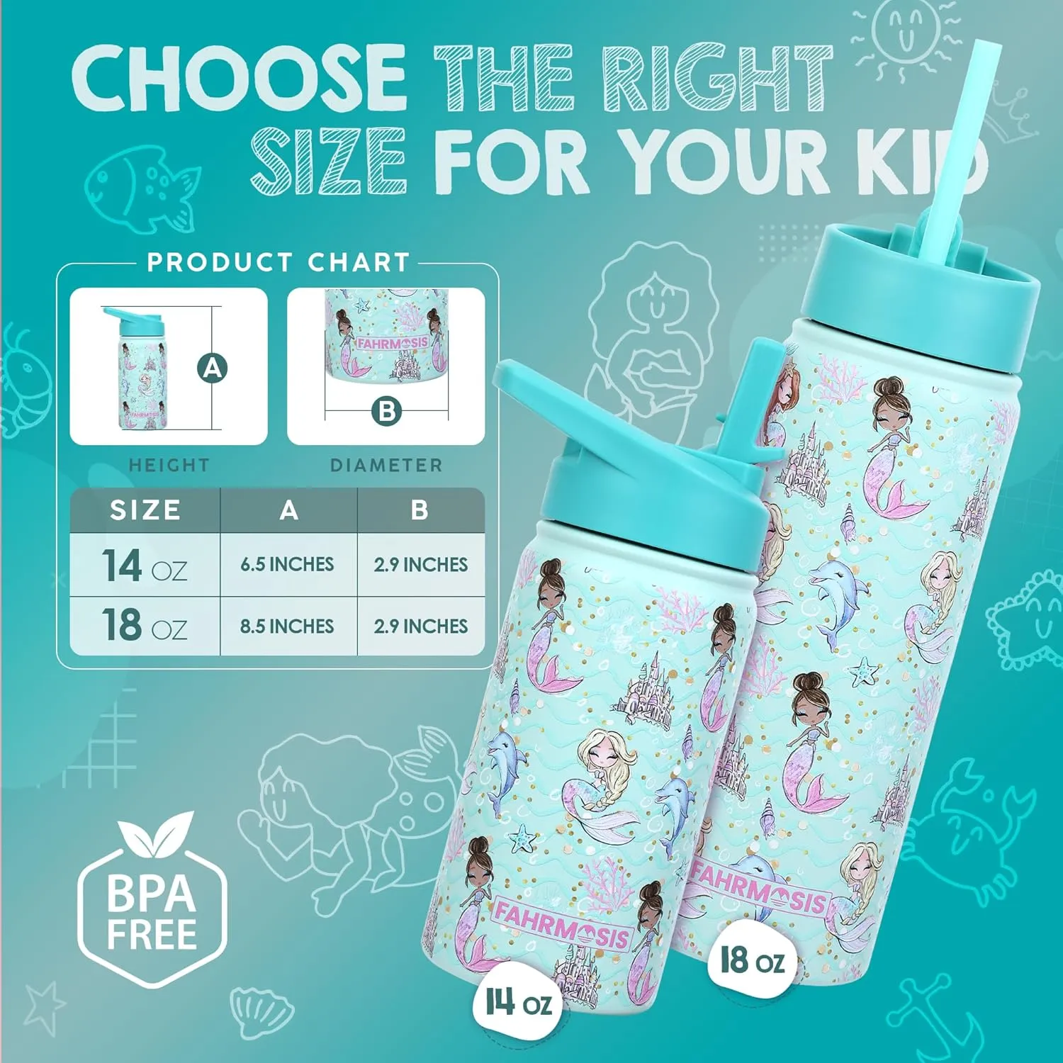 14 OZ Kids Water Bottle with Straw & 2 Lids (Flip & Spout) Leak Proof Metal Insulated Stainless Steel Reusable Tumbler for School & Sports Water Bottle - Teal (Mermaid)