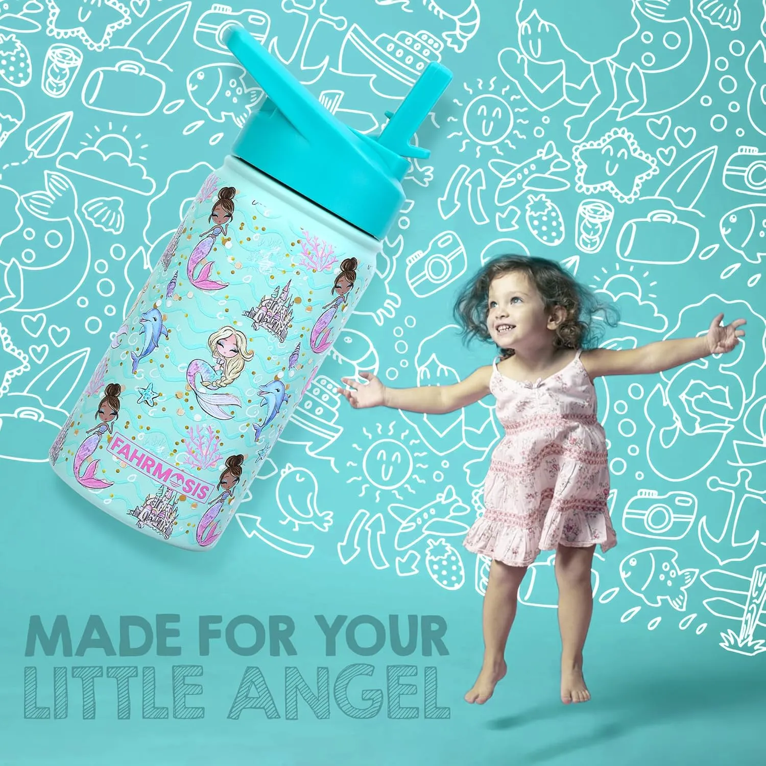 14 OZ Kids Water Bottle with Straw & 2 Lids (Flip & Spout) Leak Proof Metal Insulated Stainless Steel Reusable Tumbler for School & Sports Water Bottle - Teal (Mermaid)