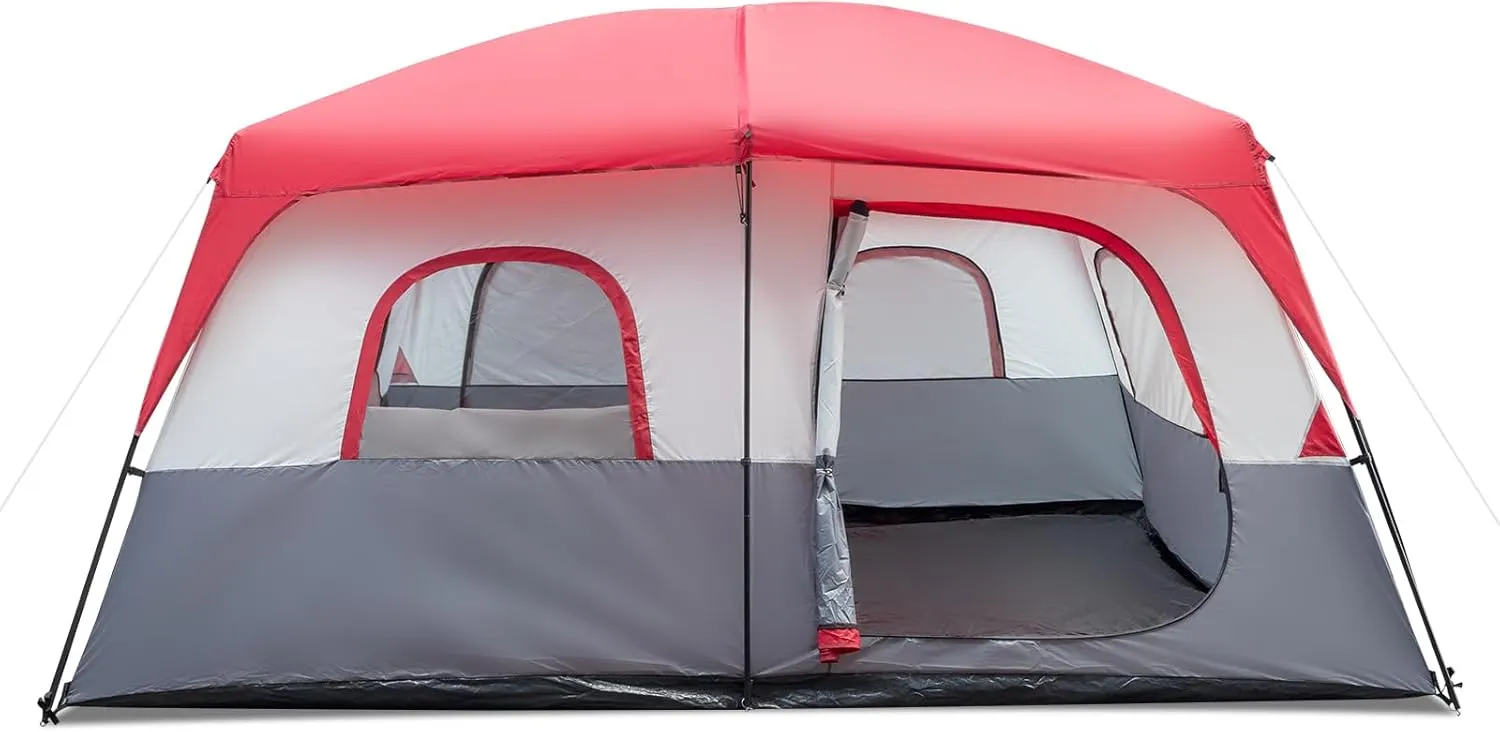 14 Person Camping Tent, All-Weather Pop Up Sun Shelter Tents, Lightweight Portable Easy Setup Outdoor Beach Tent with Mesh Windows and Carrying Bag for Hiking Travel Backpacking, Red & White