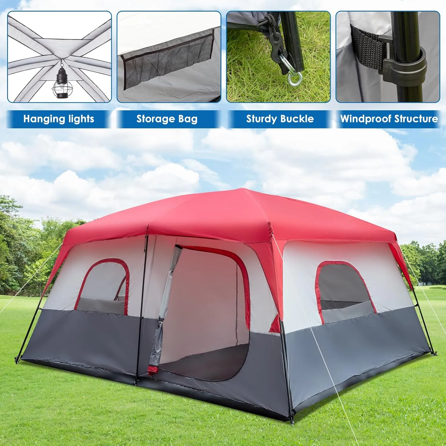 14 Person Camping Tent, All-Weather Pop Up Sun Shelter Tents, Lightweight Portable Easy Setup Outdoor Beach Tent with Mesh Windows and Carrying Bag for Hiking Travel Backpacking, Red & White