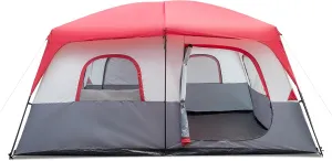 14 Person Camping Tent, All-Weather Pop Up Sun Shelter Tents, Lightweight Portable Easy Setup Outdoor Beach Tent with Mesh Windows and Carrying Bag for Hiking Travel Backpacking, Red & White