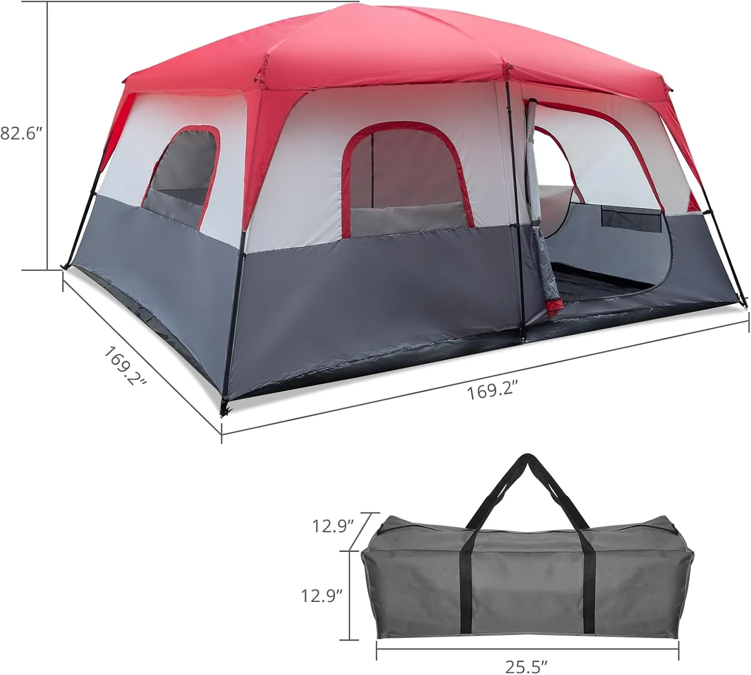 14 Person Camping Tent, All-Weather Pop Up Sun Shelter Tents, Lightweight Portable Easy Setup Outdoor Beach Tent with Mesh Windows and Carrying Bag for Hiking Travel Backpacking, Red & White