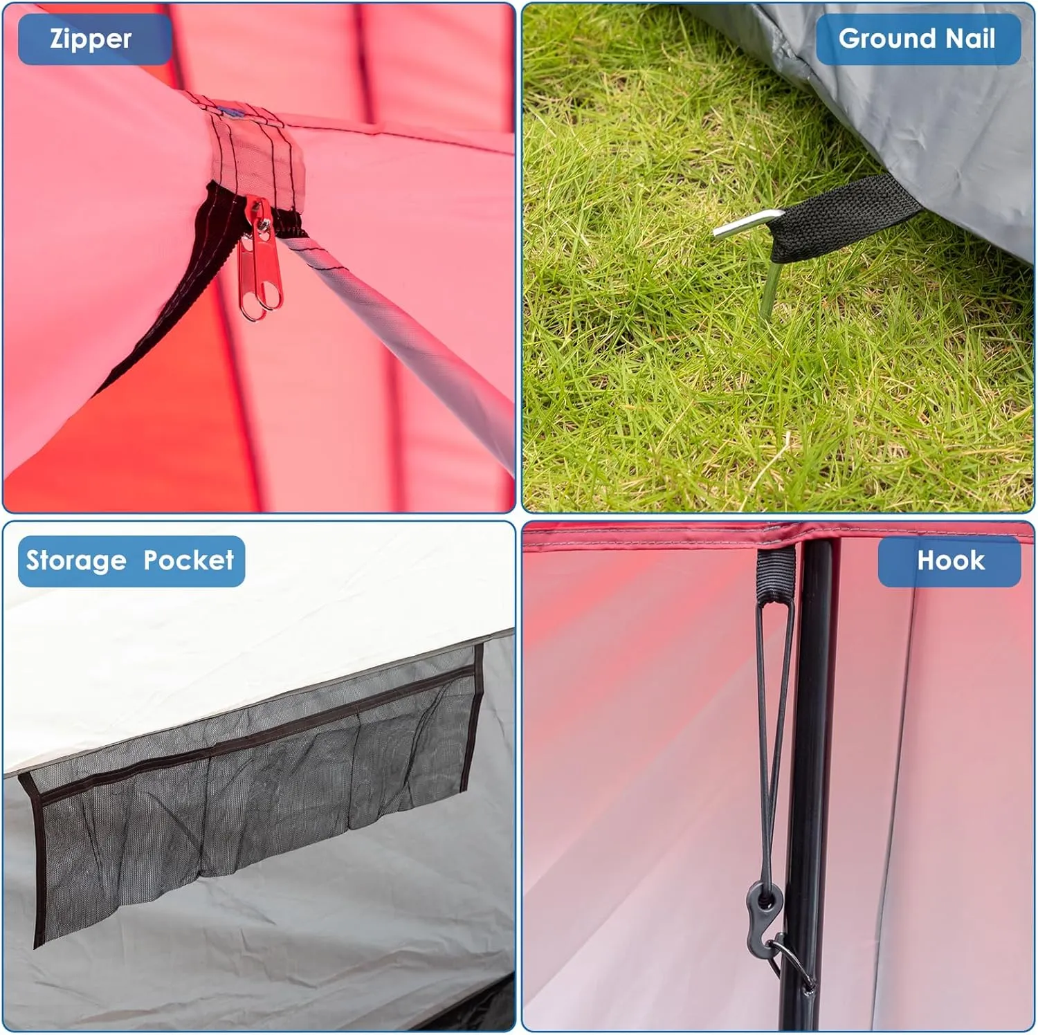 14 Person Camping Tent, All-Weather Pop Up Sun Shelter Tents, Lightweight Portable Easy Setup Outdoor Beach Tent with Mesh Windows and Carrying Bag for Hiking Travel Backpacking, Red & White
