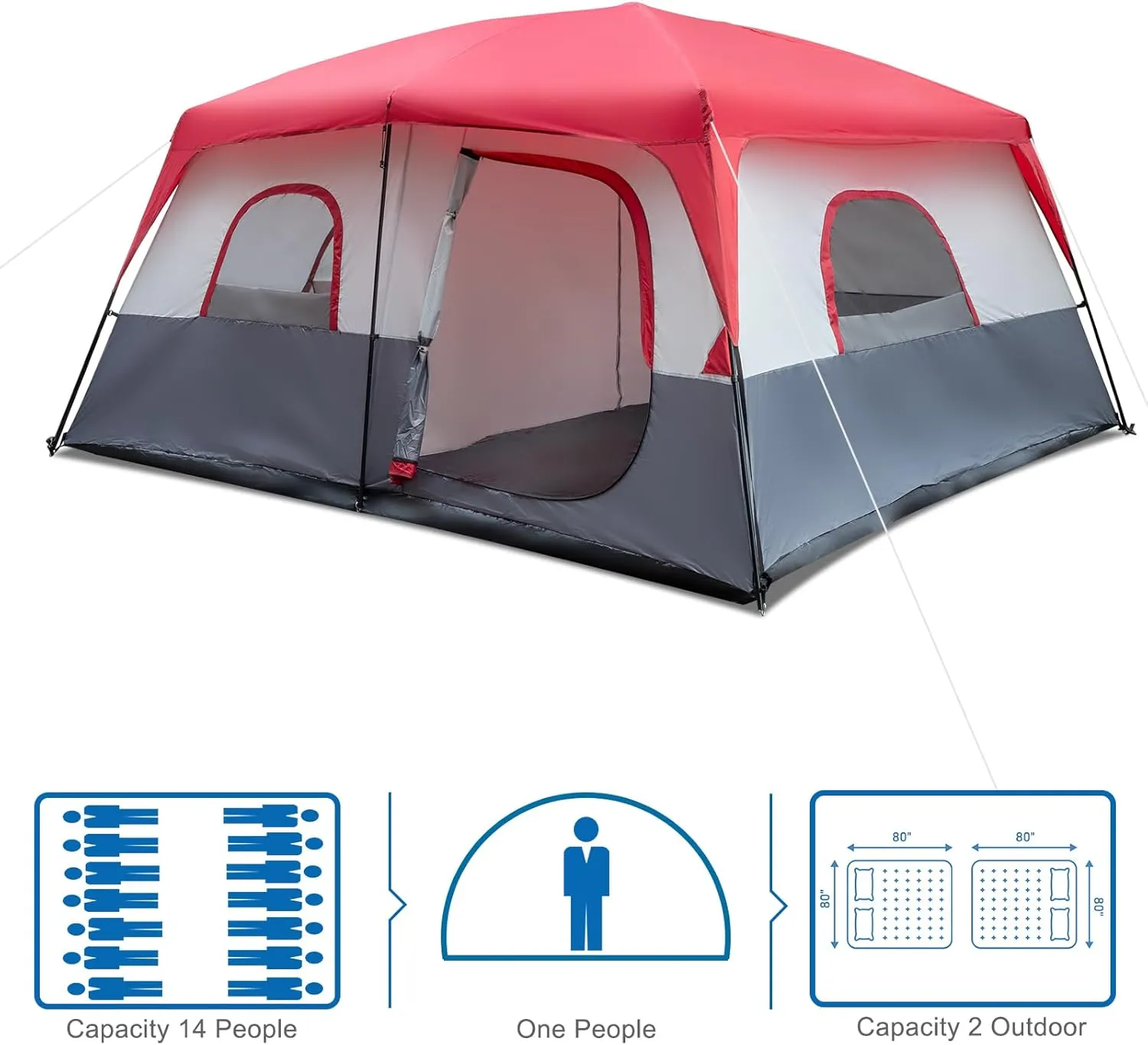 14 Person Camping Tent, All-Weather Pop Up Sun Shelter Tents, Lightweight Portable Easy Setup Outdoor Beach Tent with Mesh Windows and Carrying Bag for Hiking Travel Backpacking, Red & White