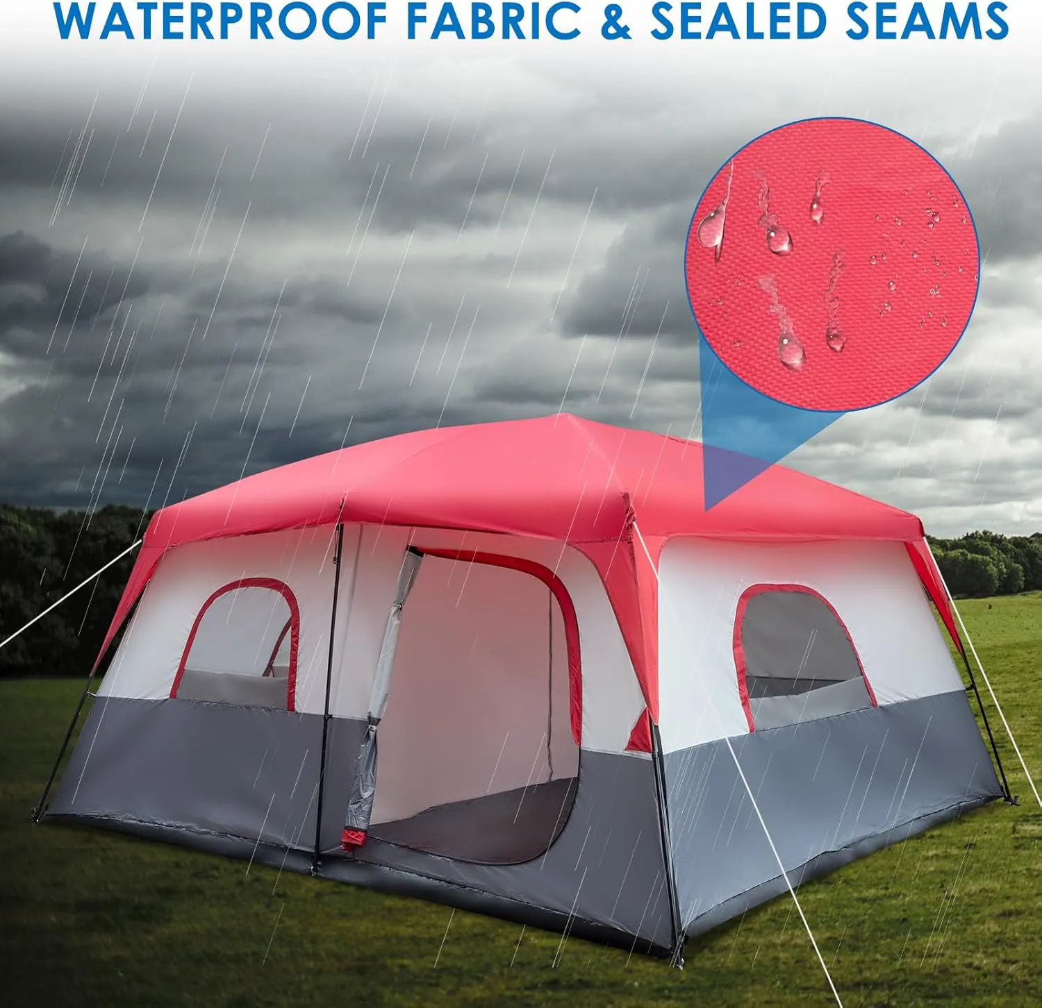 14 Person Camping Tent, All-Weather Pop Up Sun Shelter Tents, Lightweight Portable Easy Setup Outdoor Beach Tent with Mesh Windows and Carrying Bag for Hiking Travel Backpacking, Red & White