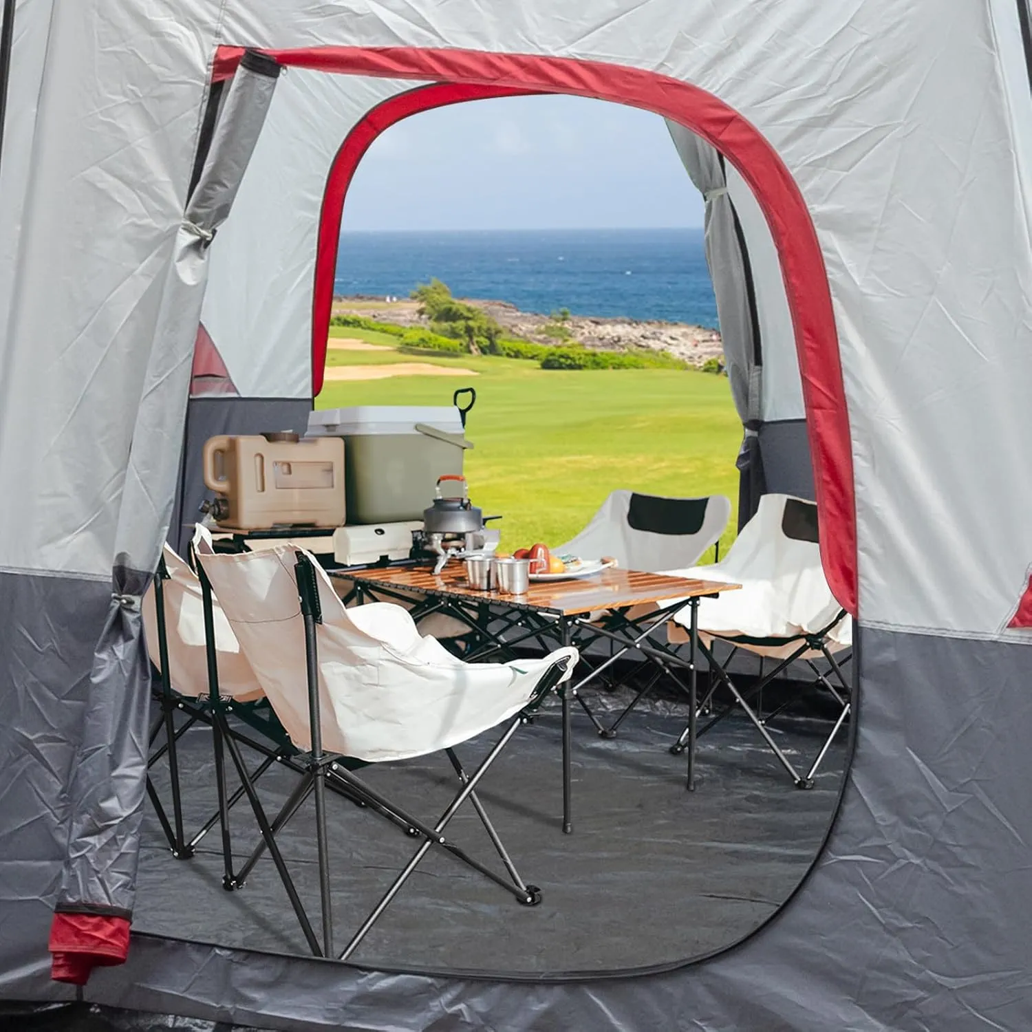 14 Person Camping Tent, All-Weather Pop Up Sun Shelter Tents, Lightweight Portable Easy Setup Outdoor Beach Tent with Mesh Windows and Carrying Bag for Hiking Travel Backpacking, Red & White
