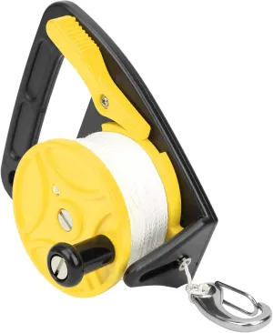 150ft Dive Reel with Thumb Stopper, Scuba Ratchet Diving High Visibility White Line Underwater Safety Accessory Handle Stop Switch SMB Cave Wreck Snorkeling Canoe Drift Kayak