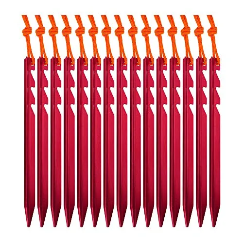 15pcs Aluminum Tent Stakes-Ultralight Tri-Beam Tent Pegs w/ Reflective Rope