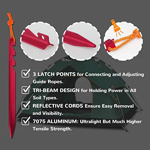 15pcs Aluminum Tent Stakes-Ultralight Tri-Beam Tent Pegs w/ Reflective Rope