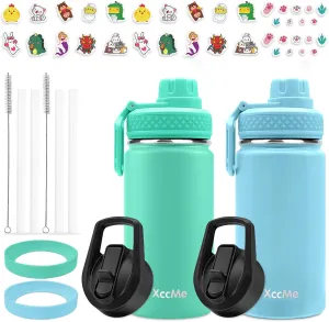 16 oz Kids Water Bottle With 4 Lids, 2 Pack for School, Metal Insulated Thermos With Straw Lid, Straw Brush, Cute Stickers for Boys Girls