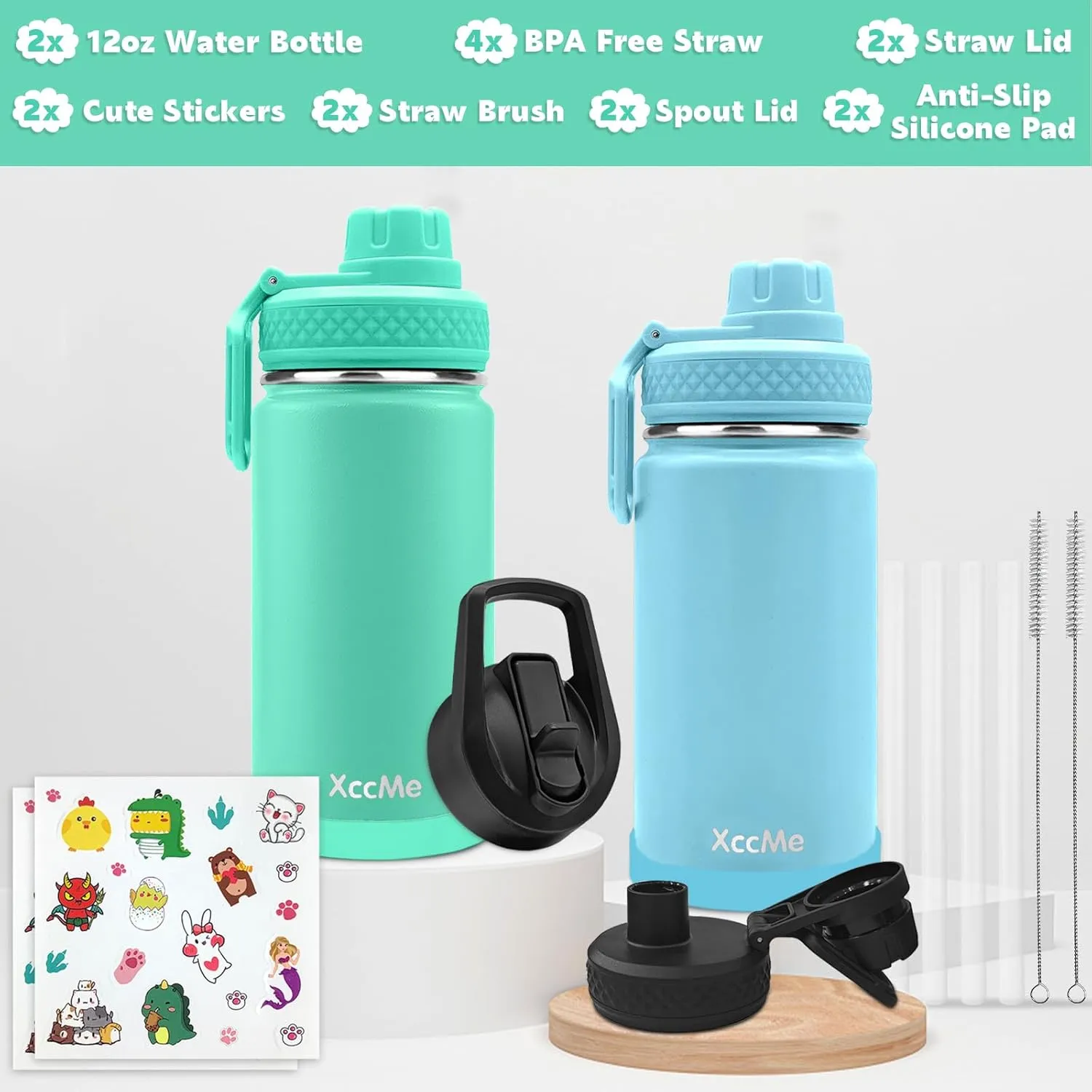 16 oz Kids Water Bottle With 4 Lids, 2 Pack for School, Metal Insulated Thermos With Straw Lid, Straw Brush, Cute Stickers for Boys Girls