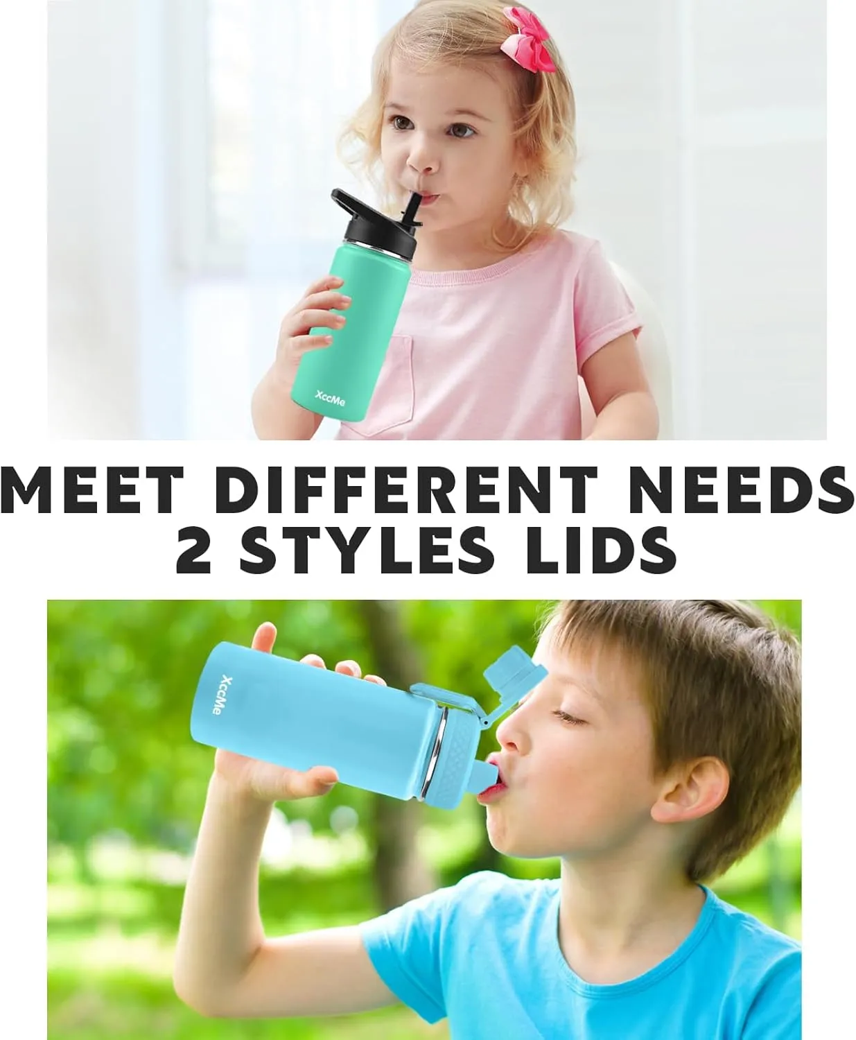 16 oz Kids Water Bottle With 4 Lids, 2 Pack for School, Metal Insulated Thermos With Straw Lid, Straw Brush, Cute Stickers for Boys Girls