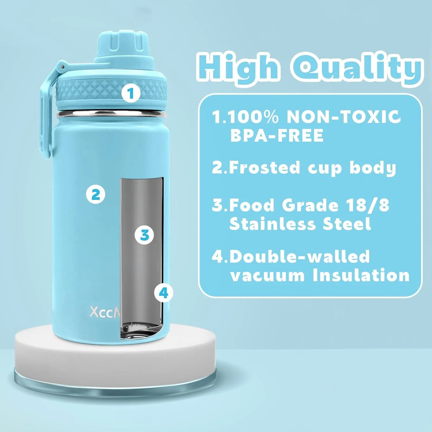 16 oz Kids Water Bottle With 4 Lids, 2 Pack for School, Metal Insulated Thermos With Straw Lid, Straw Brush, Cute Stickers for Boys Girls