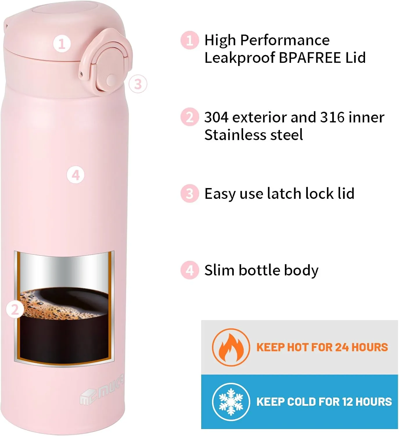 17 oz / 500 ml Insulated Water Bottle, Stainless Steel Thermo Coffee Travel Mug, Thermal Cup with Snap Flip Lid, BPA Free for Hot and Cold Drinking, Pink
