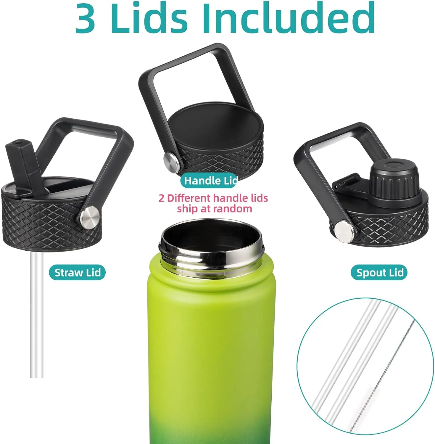 18 oz Insulated Water Bottle Stainless Steel Sport Bottles with 3 Lids,Bamboo Grove